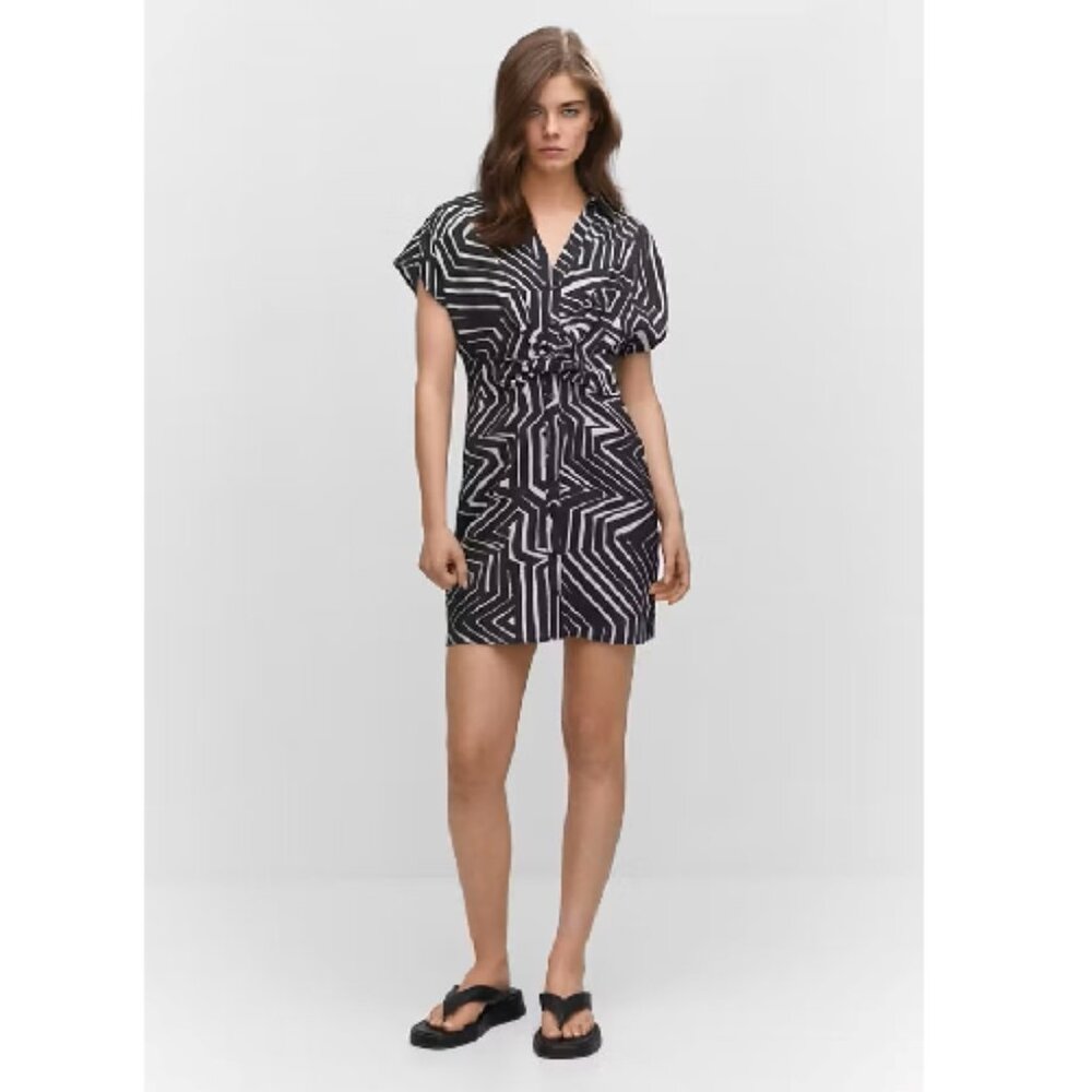 Mango NWT Shirt Style Short Printed Mini Dress Knot Waist Summer Beach Size 2